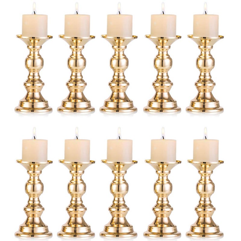 NUPTIO Set of 10 Gold Metal Pillar Candle Holders, Wedding Centerpieces Candlestick Holders for 2 inches Candles Stand Decoration Ideal for Weddings, Special Events, Parties - Image 1